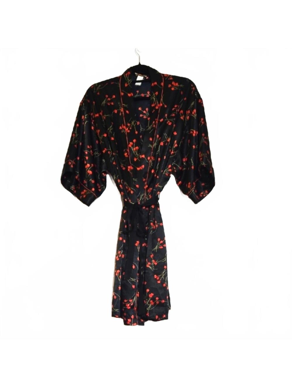 Vintage Barbizon Black Red Floral Robe Sleepwear One Size Fits Most